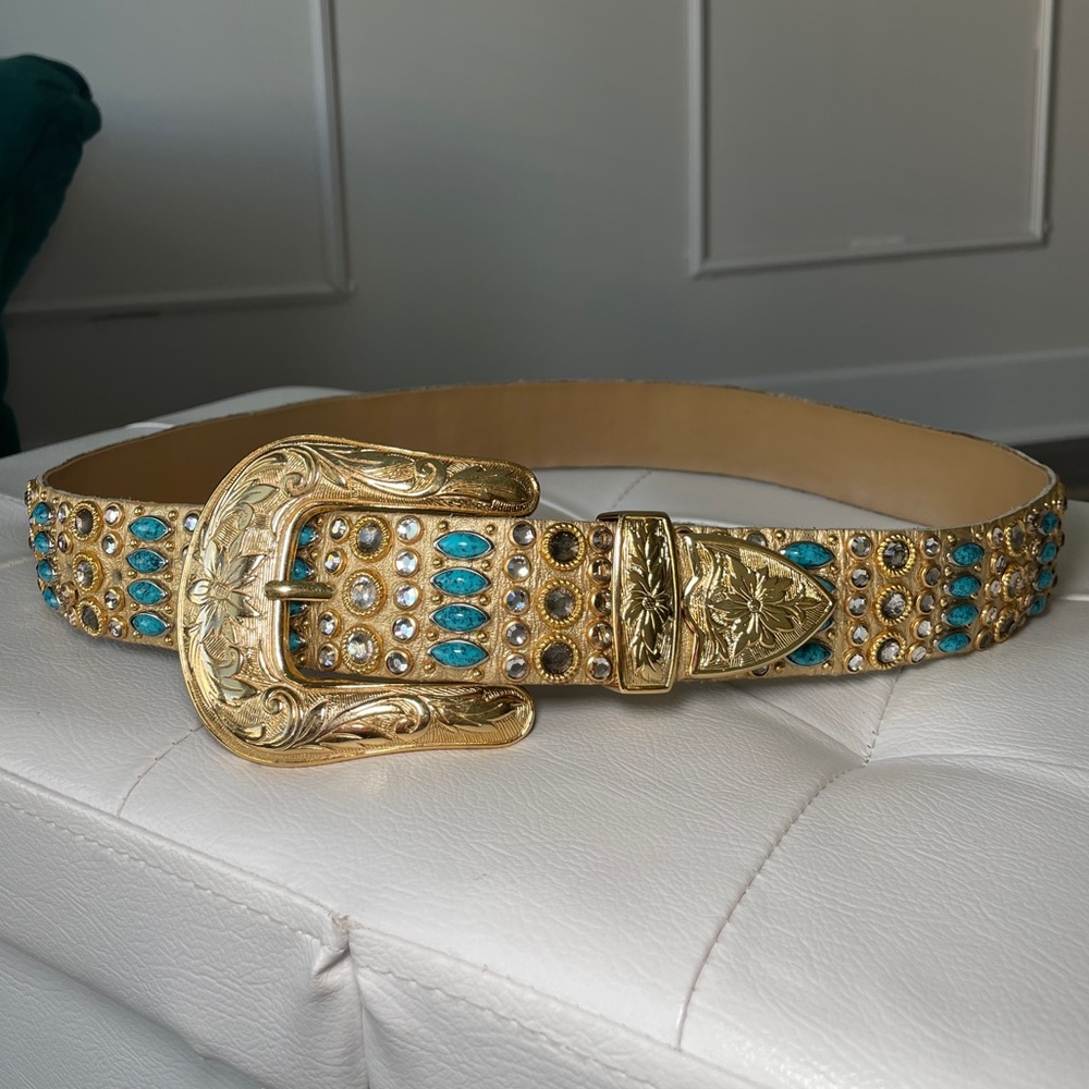 Kippys Gold Leather Western Belt Swarovski Crystal Turquoise Statement